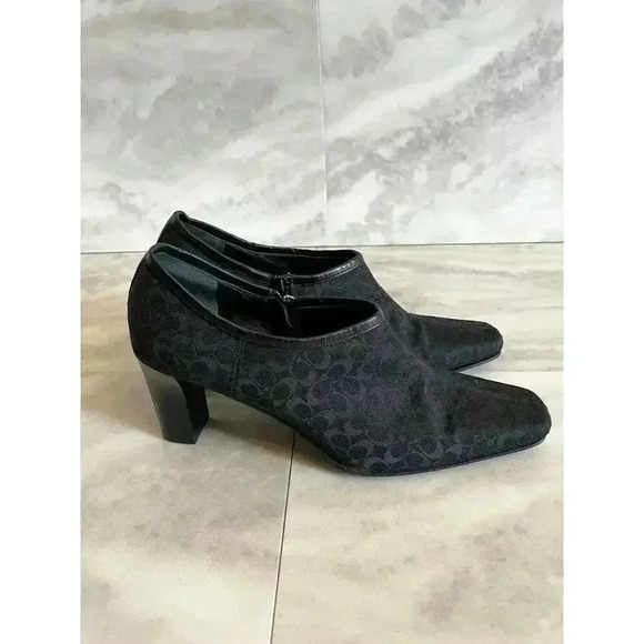 Coach Women’s Signature C Monogram Black Booties Heels Size 8.5 Square Toe Print - Picture 1 of 6
